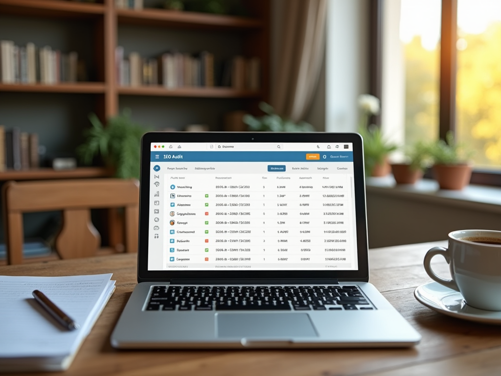 Ноутбук на столе отображает таблицу SEO аудита; рядом чашка кофе и записная книжка.