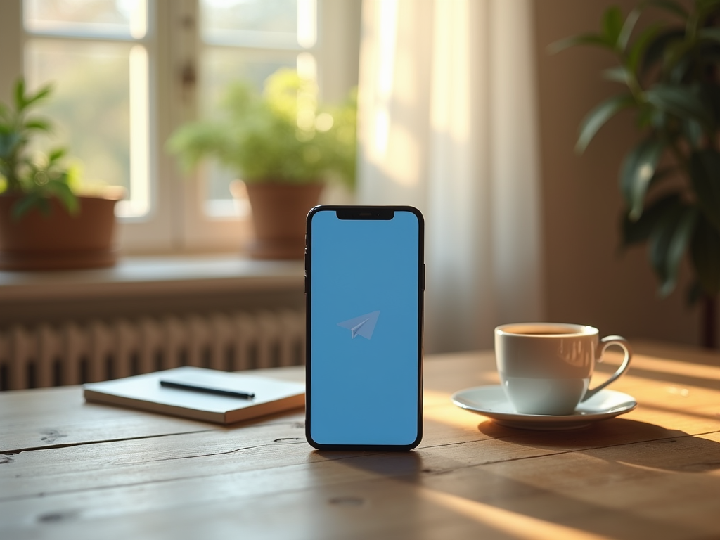 На столе лежит телефон с логотипом Telegram, рядом чашка кофе и блокнот с ручкой. Вокруг зелёные растения.