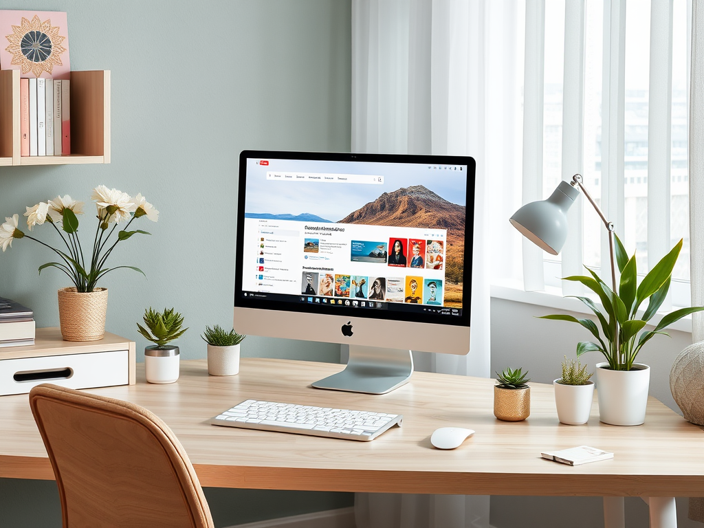 Современный рабочий стол с компьютером iMac, зелеными растениями и светлым интерьером.