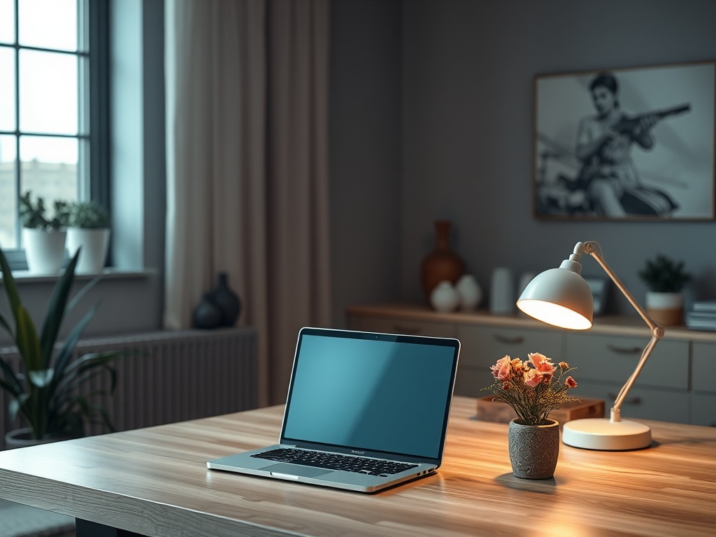 Стильный уголок для работы с ноутбуком, цветами и лампой на деревянном столе в уютной комнате.