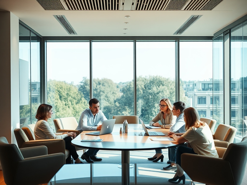 На встрече в офисе пять человек обсуждают идеи за круглым столом с окнами, выходящими на зеленый пейзаж.