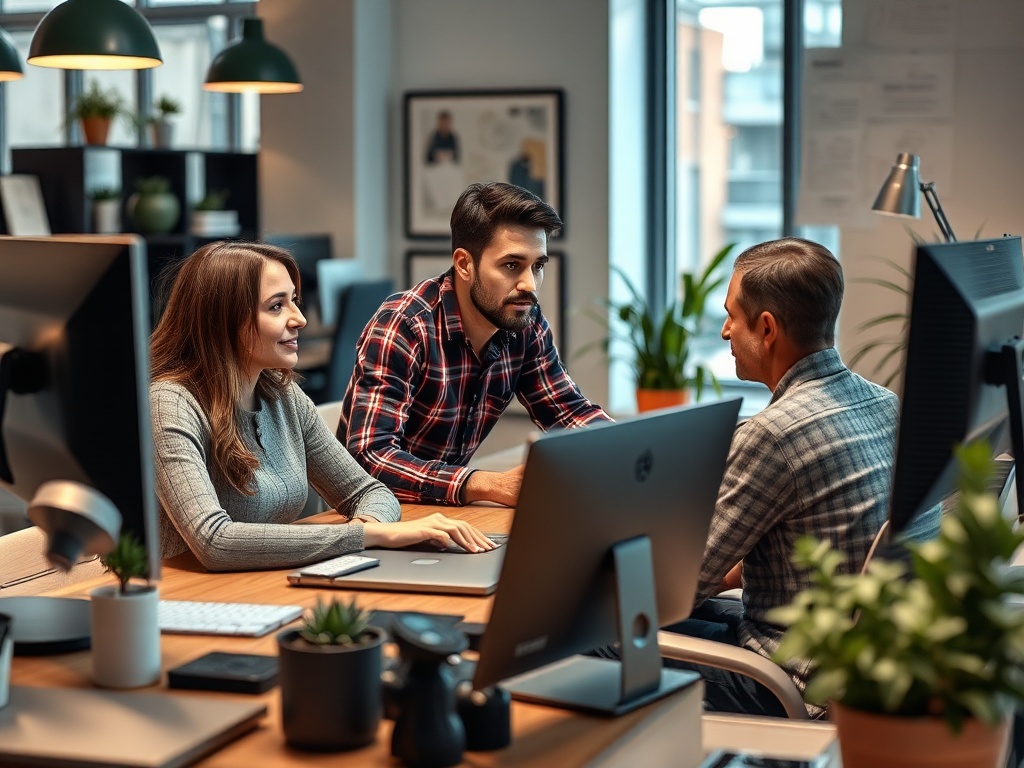 В офисе трое коллег обсуждают проект, окруженные растениями и компьютерами.