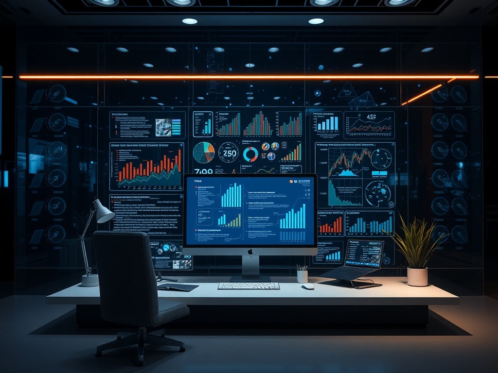 Современный офис с компьютером и графиками на стене, освещённый мягким светом, знак прогресса в анализе данных.