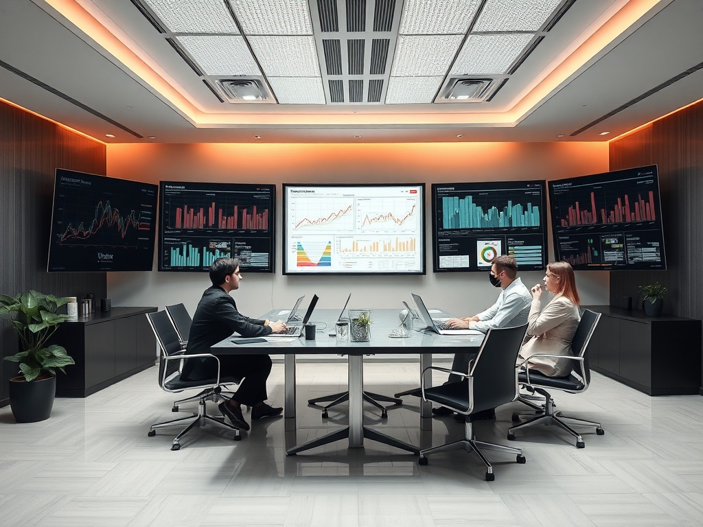Совещание в современном офисе: участники обсуждают данные на экранах, окруженные графиками и диаграммами.