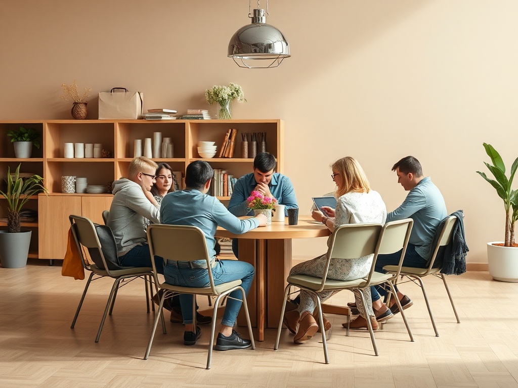 Группа людей сидит за столом в светлом помещении, обсуждая что-то важное. Цветы на столе.
